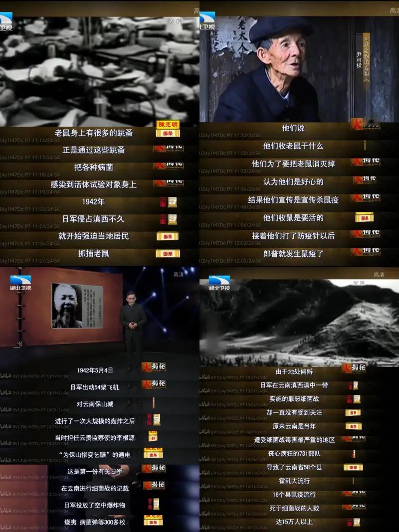 这是湖北卫视《大揭秘》栏目揭露侵华日军滇西细菌战罪行的节目截图，完整还原了 73