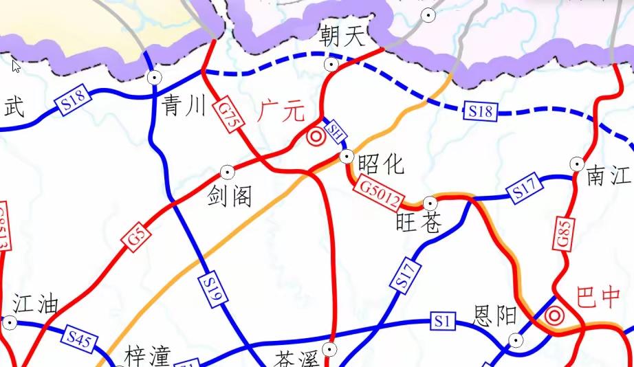 川北区域东西向高速最大省级高速S18，从平武、青川、朝天、旺苍、南江、通江到万源