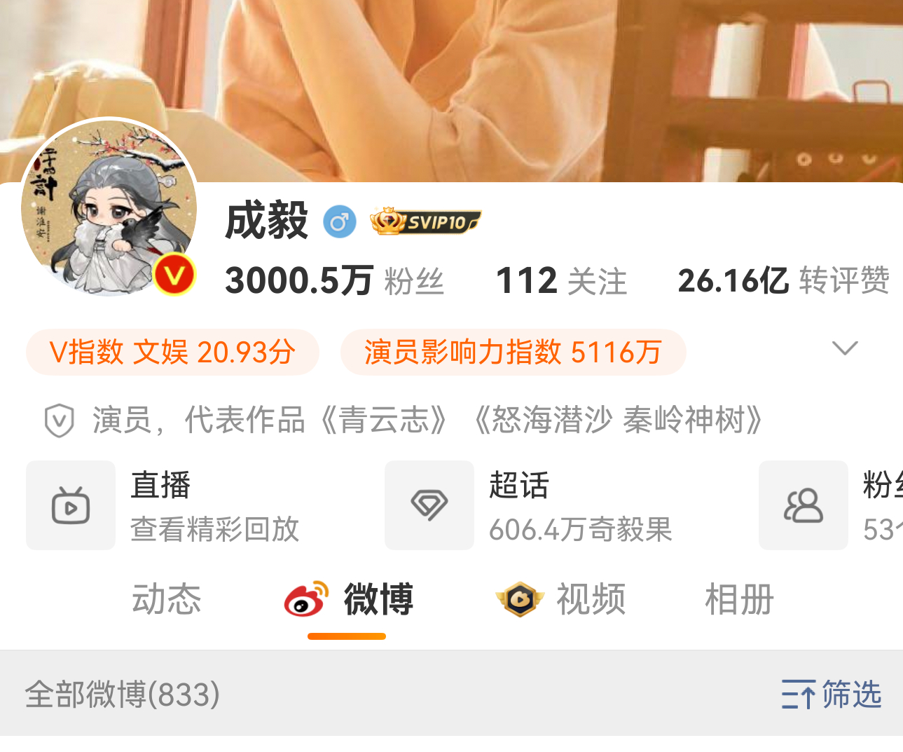 成毅微博粉丝顺利破3000万啦！ 