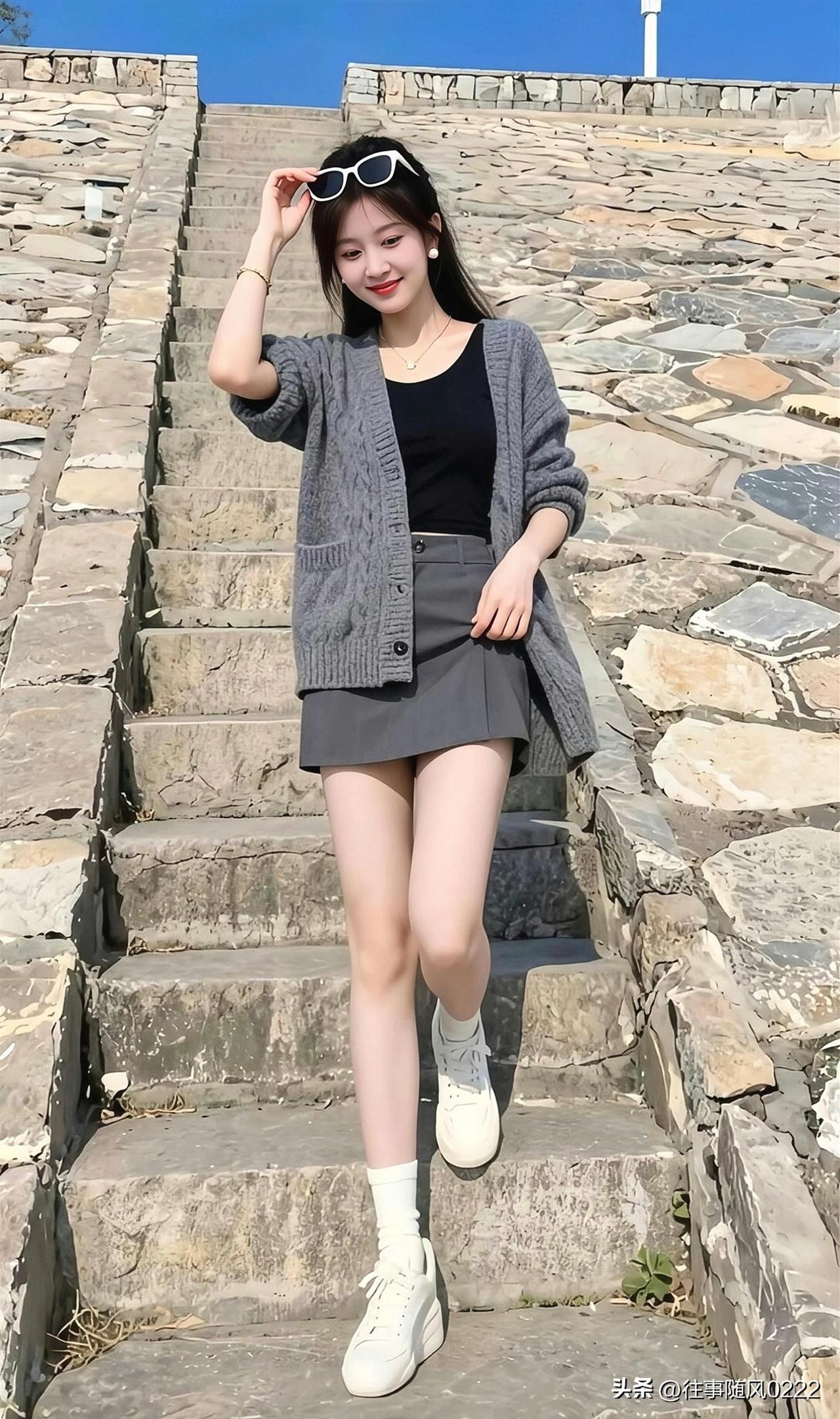 阳光明媚的午后，石阶上的时尚少女