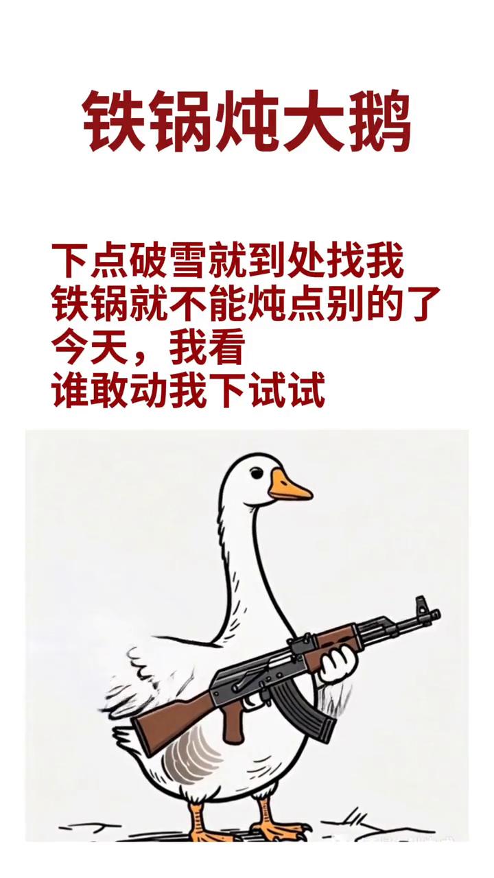 铁锅炖大鹅。
下点破雪就到处找我，铁锅就不能炖点别的了。今天，我看谁敢动我下试试
