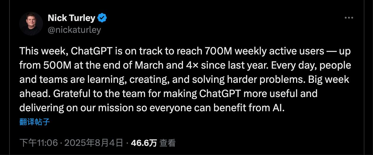 ChatGPT用户规模近7亿／周，增长速度令人咋舌

OpenAI最新动态：产品