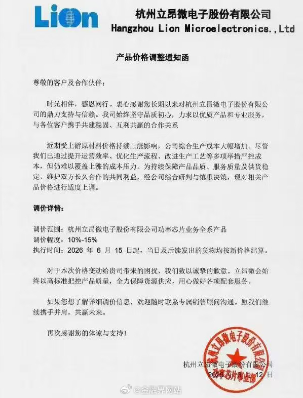 【立昂微：自6月15日起 对功率芯片业务全系产品价格调涨10%-15%】 6月1