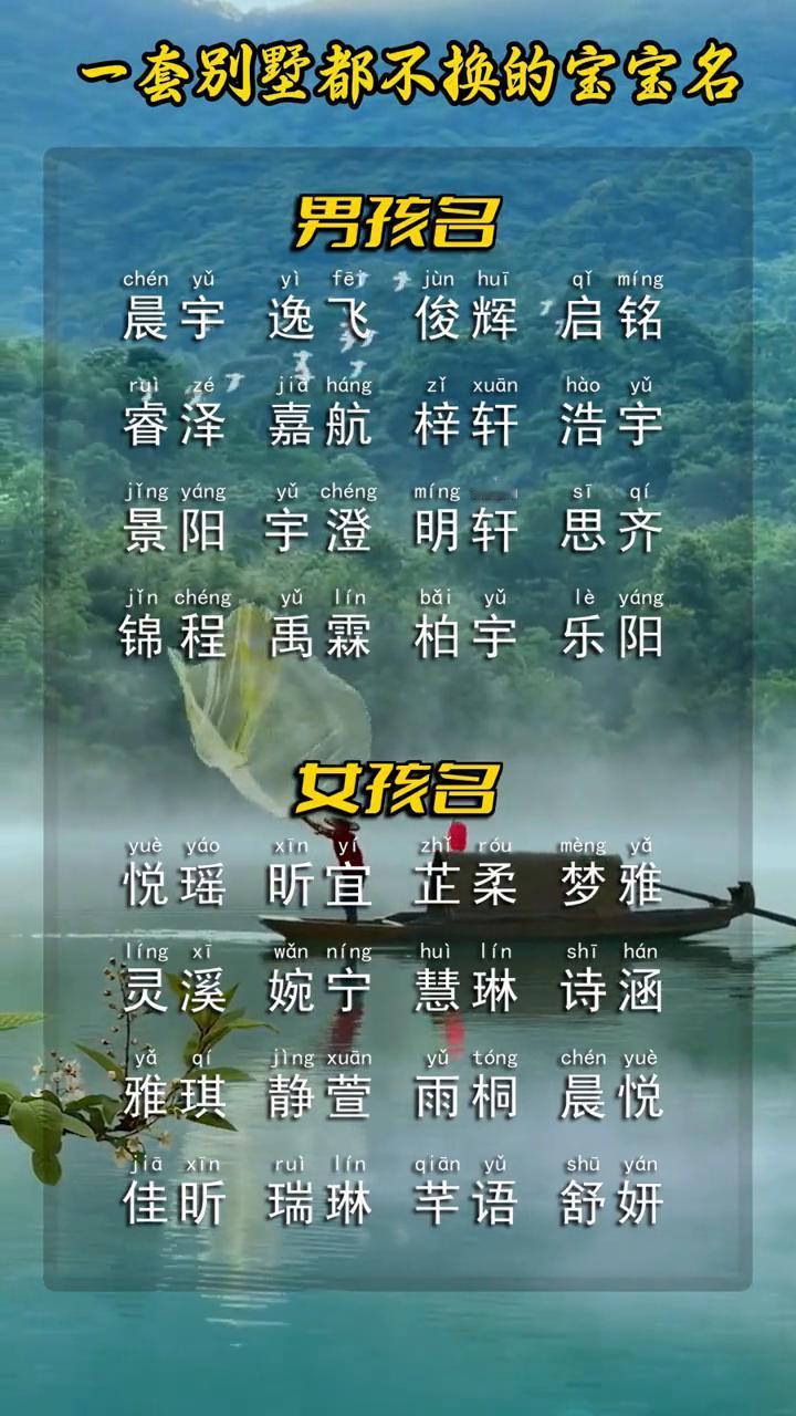 一套别墅都不换的宝宝名。
男孩名：晨宇、逸飞、俊辉、启铭、景阳宇、澄明轩、思齐、