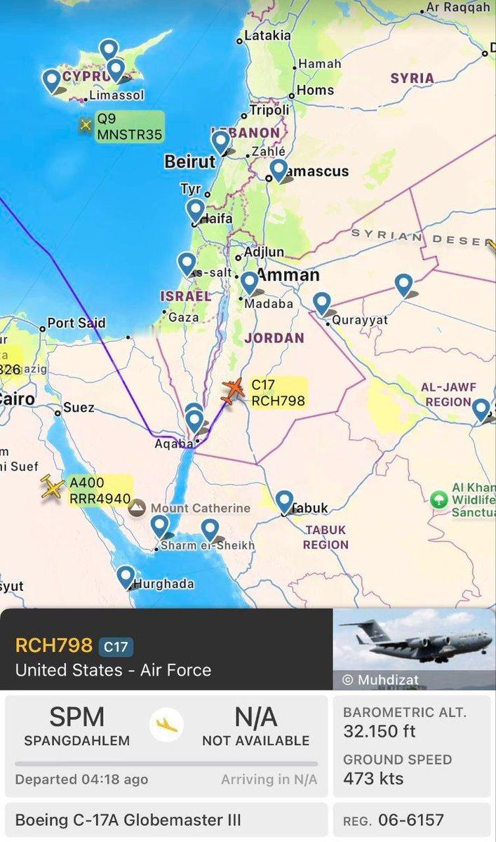 ❗一架载有防空设备的美国军用运输机即将降落在约旦。预计未来12小时内还将有四架飞
