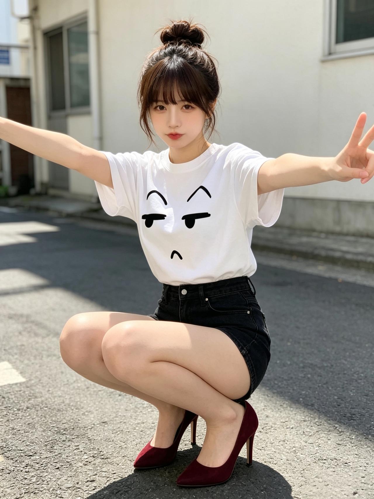 元气少女俏皮蹲，白T恤+牛仔短裤，高跟鞋点缀，可爱又时尚！🌞💃🏻小个子女生
