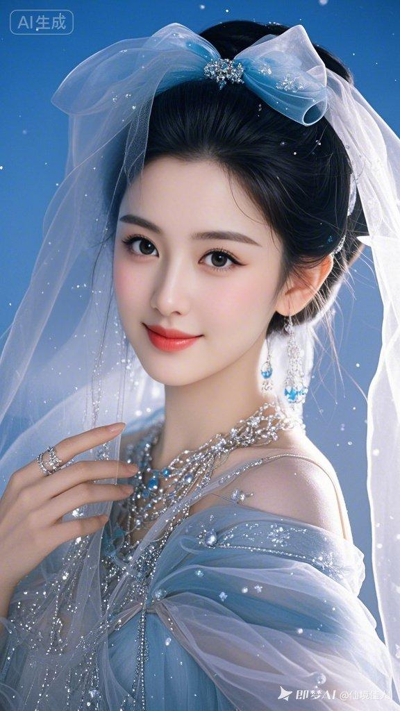 俊美女丹凤眼浅笑妩媚动人。蓝纱缀晶蝴蝶结配多层头纱，持纱舞姿妖娆。蓝天衬底，颗粒