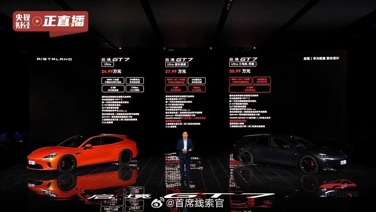 启境 GT7 车型开启预售。新车定位中大型智能猎装轿跑，首发华为乾崑赤兔平台，首