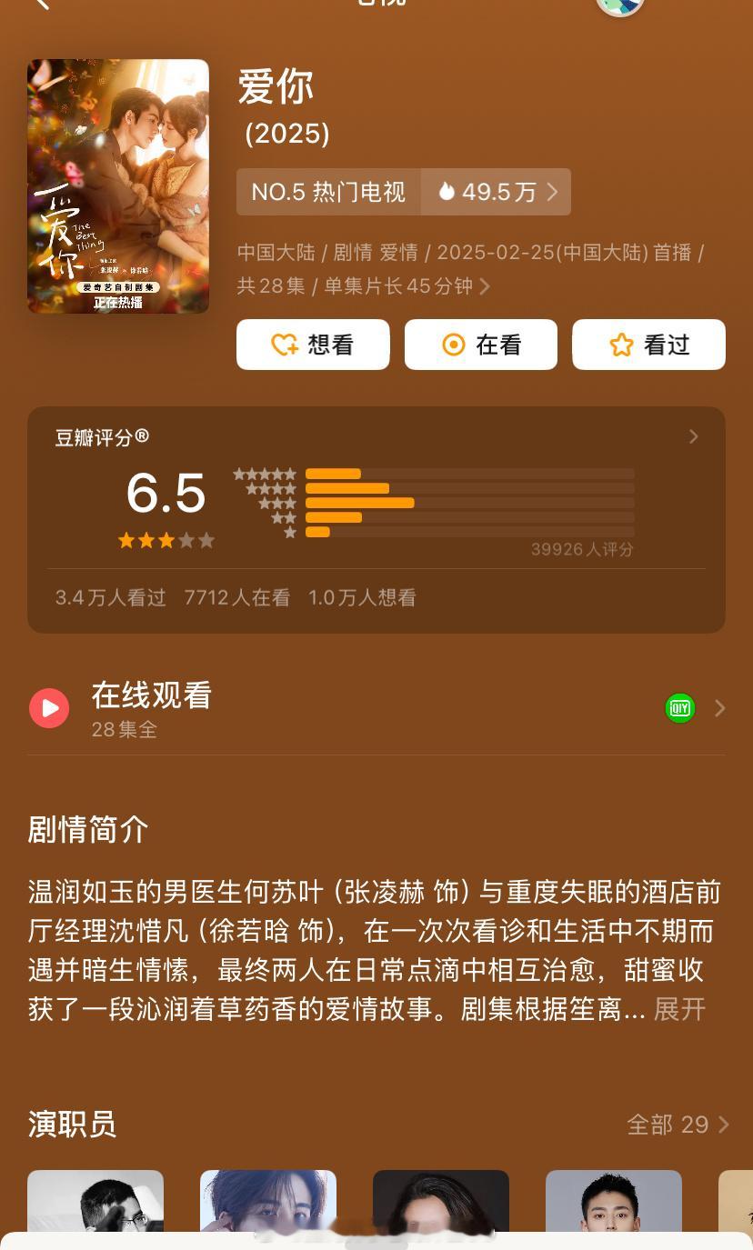 张凌赫、徐若晗《爱你》豆瓣开分6.5分，符合你们的预期吗？！[羞嗒嗒][羞嗒嗒]