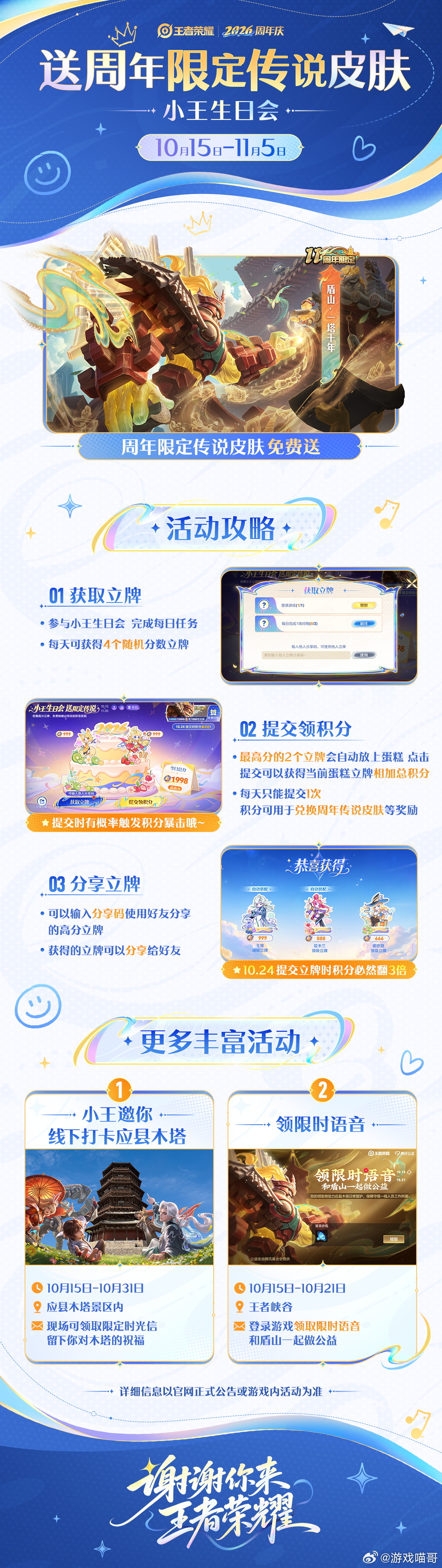 ✨王者11周年｜盾山周年传说皮肤免费领活动时间：10.15–11.5先来看看获取