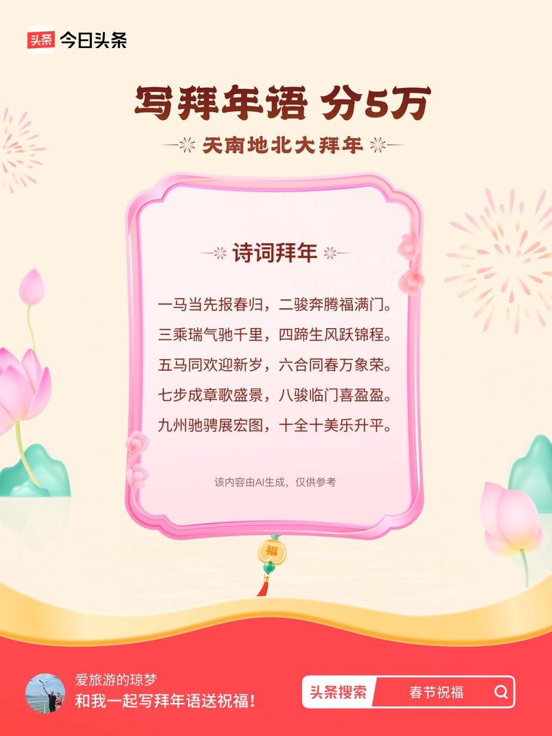 写拜年语送祝福新春拜年送祝福！我的祝福是：“一马当先报春归，二骏奔腾福满门。三乘