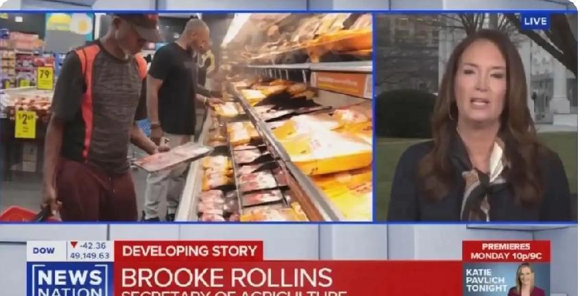 美国农业部长布鲁克·罗林斯近日声称，美国人一顿饭只需食用“成本大约是3美的一块鸡