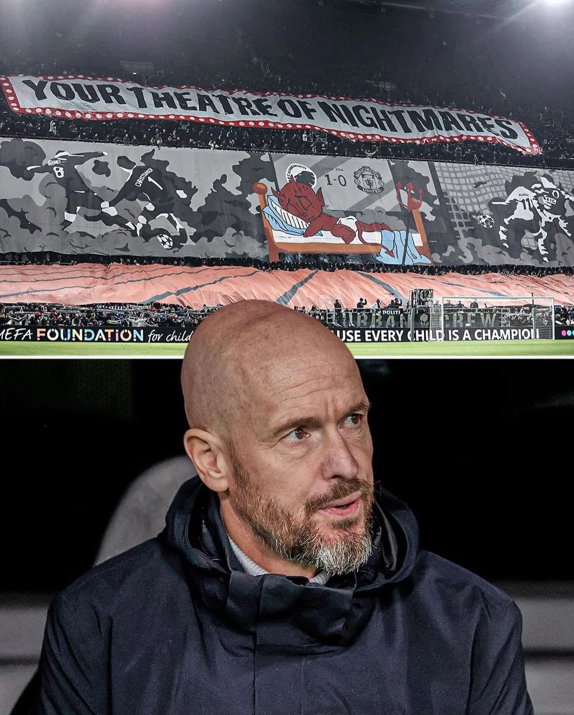 哥本哈根主场4-3逆转击败曼联，应验了赛前球迷打出的tifo“你的噩梦剧场”。