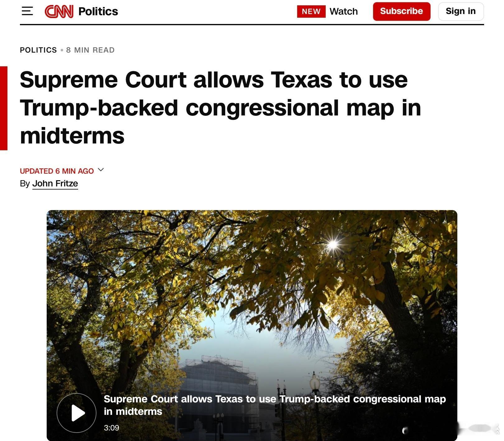 週四，最高法院以6-3允許德州使用新的國會選區地圖，這將有助於川普總統維持共和黨