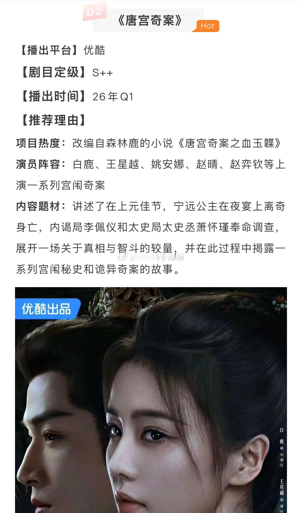 白鹿 王星越优酷剧目唐宫奇案 项目看点，定级优酷S++ 