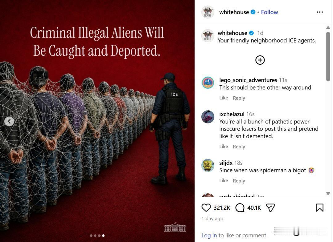 强行蹭超级英雄翻车！白宫用蜘蛛侠宣传移民抓捕，全网粉丝集体抵制
 
  当地时间