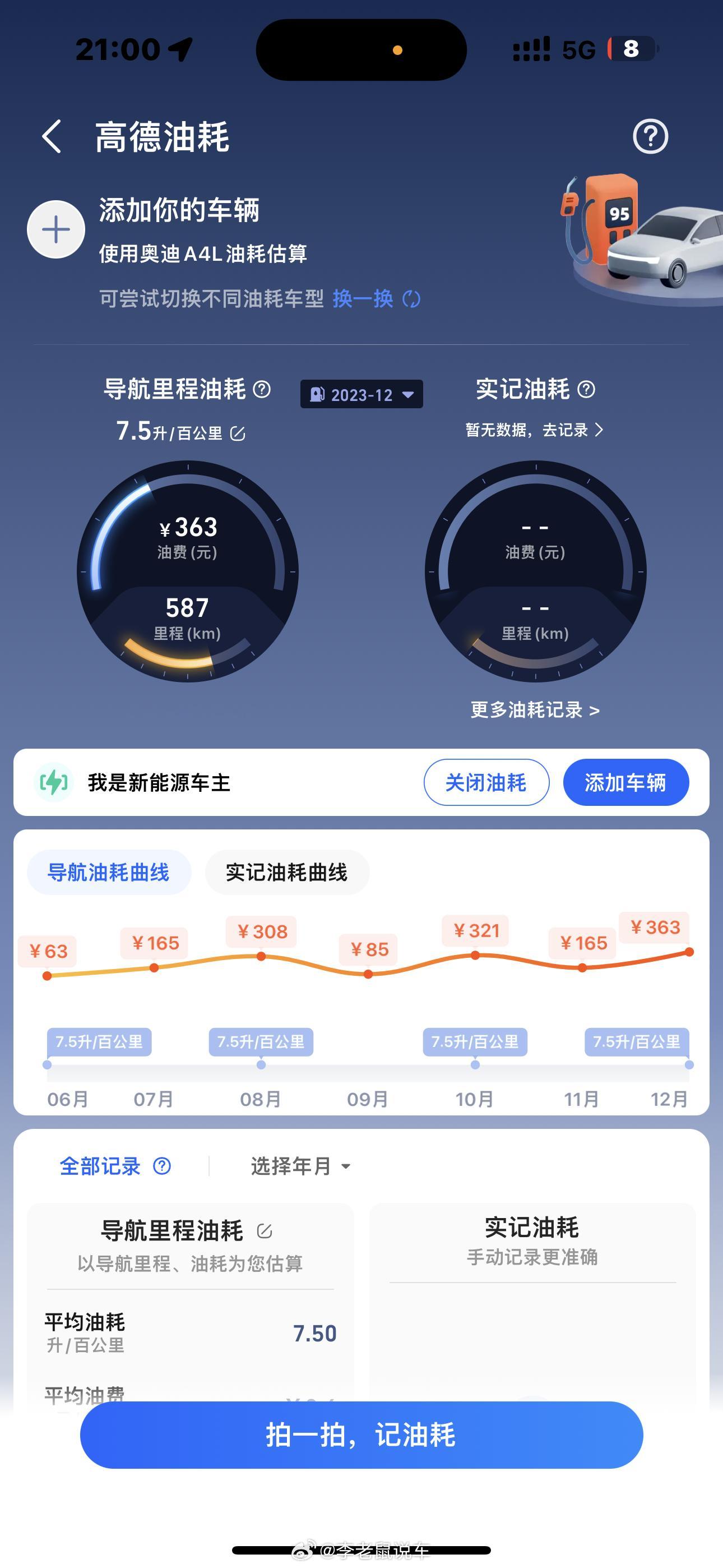 高德现在可以估算油耗了耶，还挺准的！ ​​​