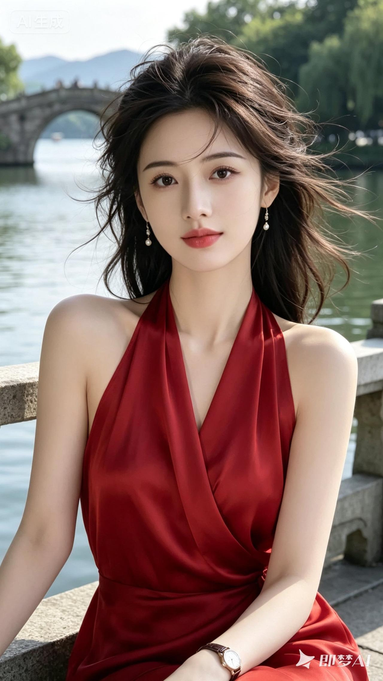 这位美女在湖边坐着，风景真美！