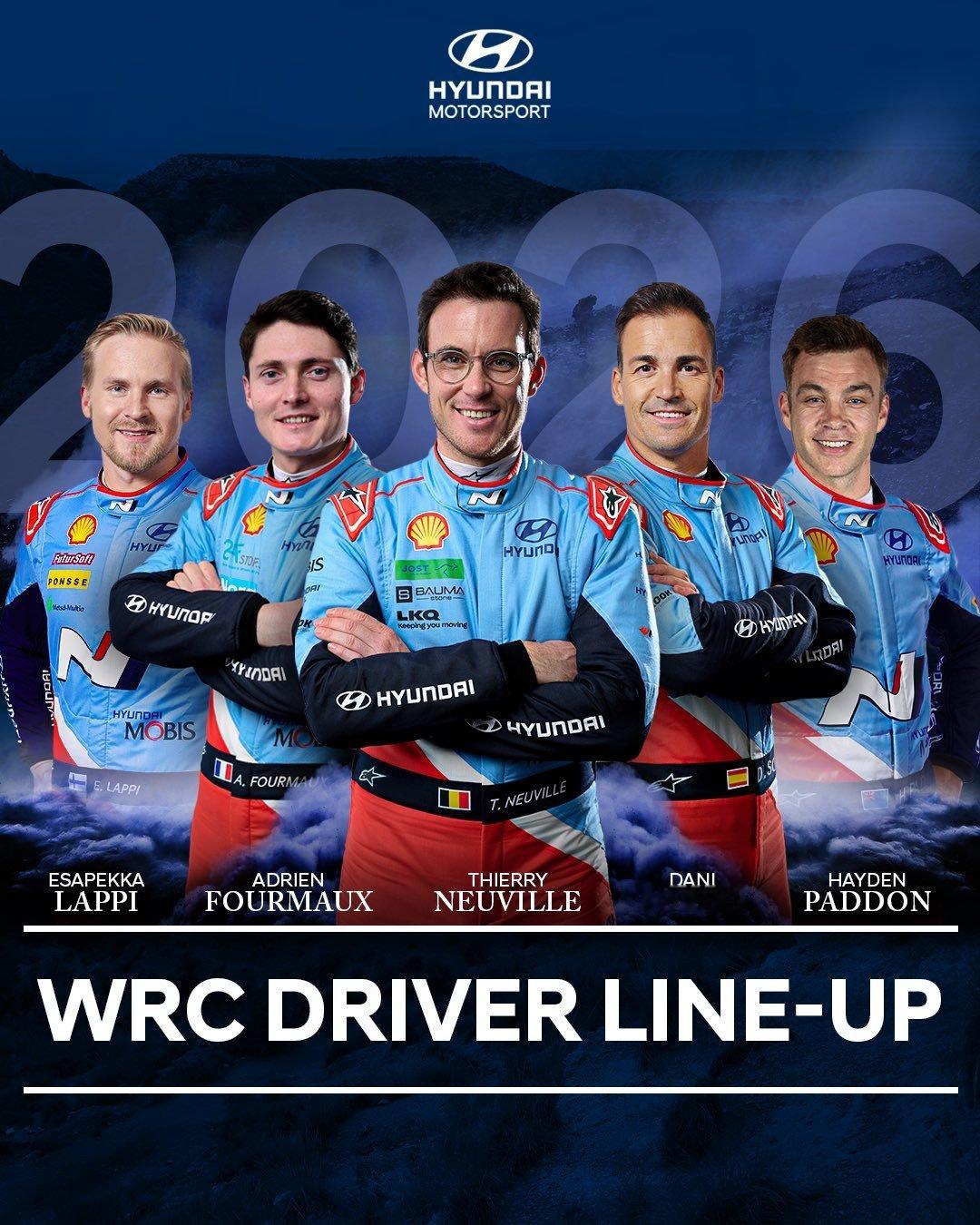 现代世界拉力车队确认其出战2026赛季WRC世界拉力锦标赛的车手阵容，虽然塔纳克