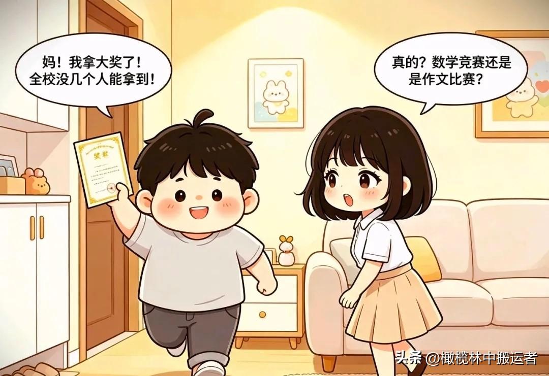 趣味漫画:儿子：妈！我拿大奖了！妈妈眼睛一亮：真的？数学竞赛还是作文比赛？儿子：
