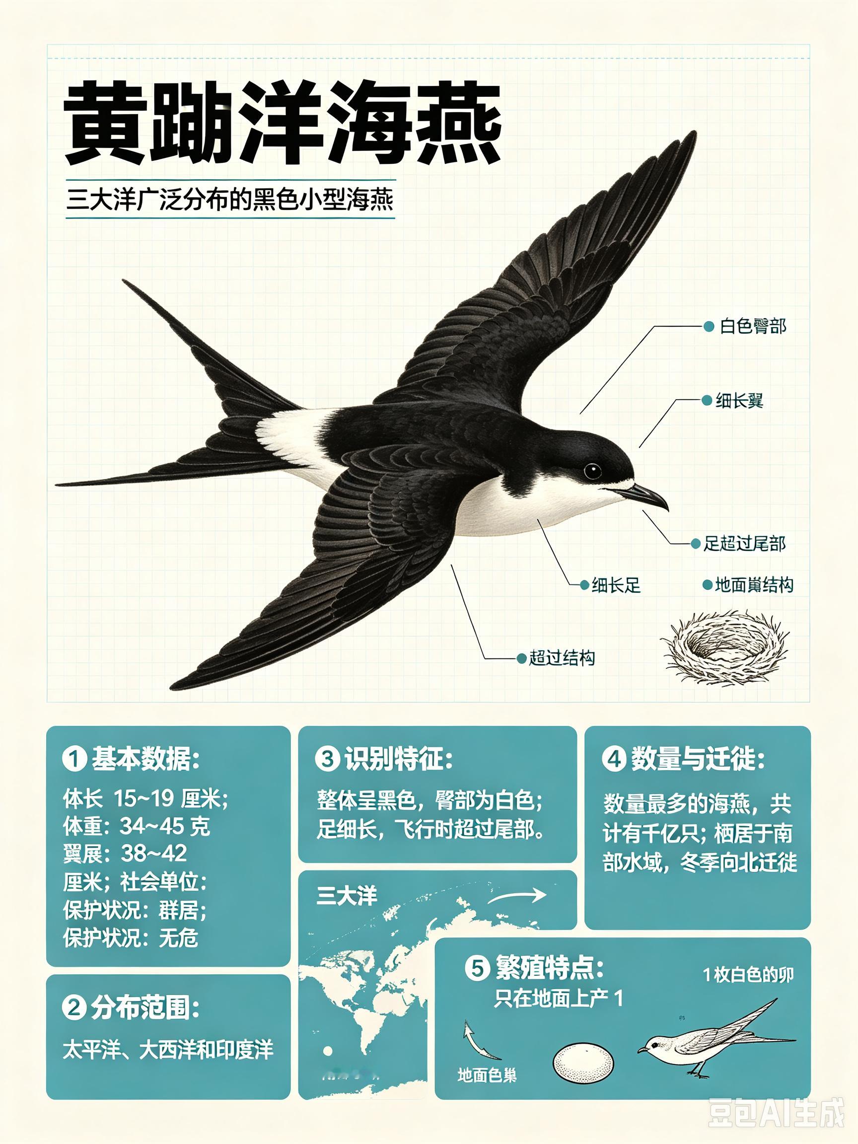 鸟类朋友图鉴 黄蹼洋海燕体长：15~19 厘米体重：34~45 克翼展：38~4