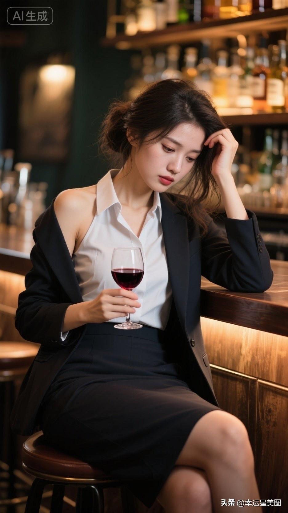 都市女郎的沉思时刻，红酒相伴，心事重重。