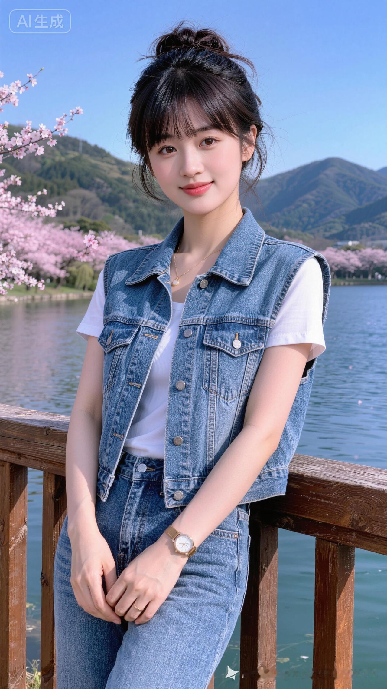 和煦春风缓缓拂面，烂漫樱花簌簌飘落树下，少女一身清爽牛仔穿搭，眉眼舒展笑意明媚，