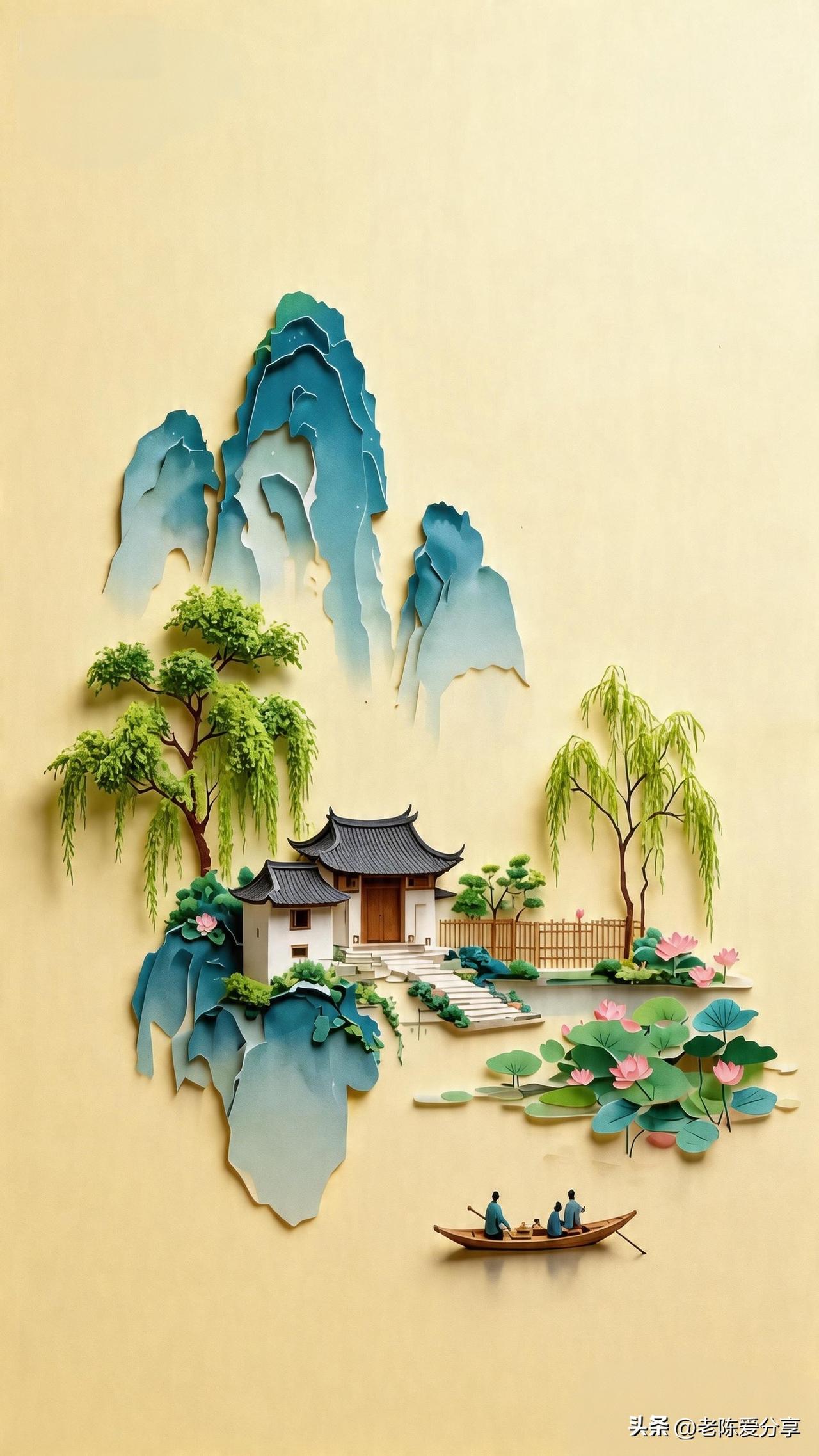 《鹧鸪天·四季江南》

翠柳垂堤春水生，小舟轻泛破波平。
青峦叠嶂云深处，粉荷初