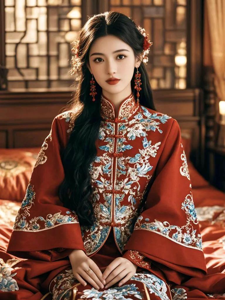 传统中国红穿越千年红装素裹古韵美女， 国风美女穿搭