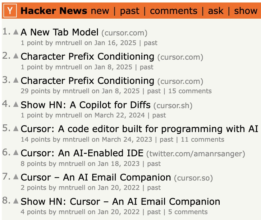Cursor CEO Michael Truell 早期在 Hacker New