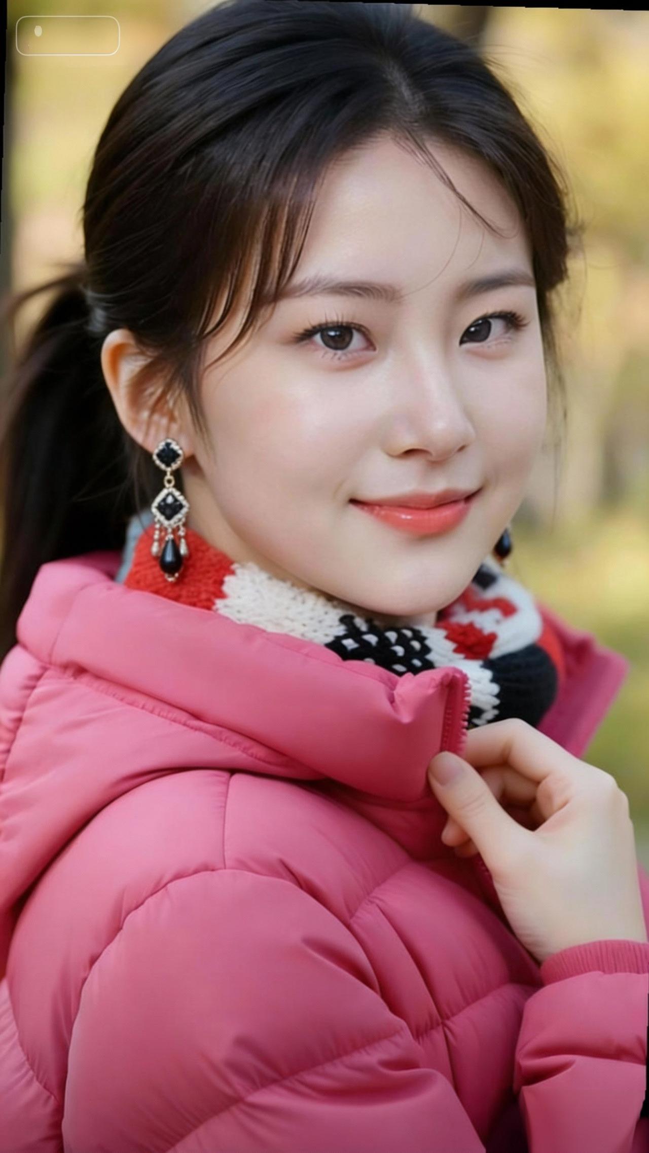 冬日暖阳下，粉衣少女微笑，温暖如春。🌞💕