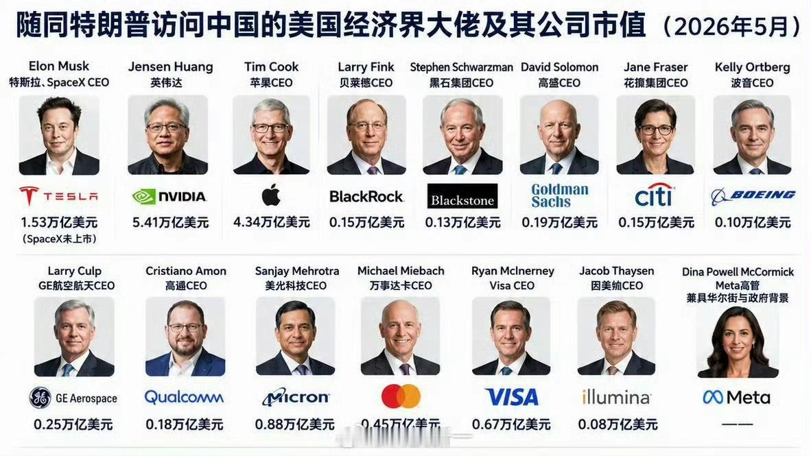 网友总结的跟随特朗普访华的美国经济大佬及其公司市值。

前三是马斯克，黄仁勋和库
