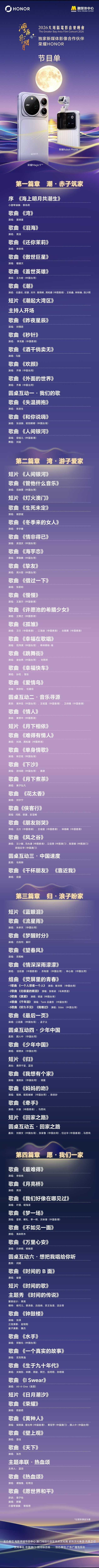 2026湾区升明月节目单节目单来了。作为独家媒体影像合作伙伴荣耀机器人手机和荣耀