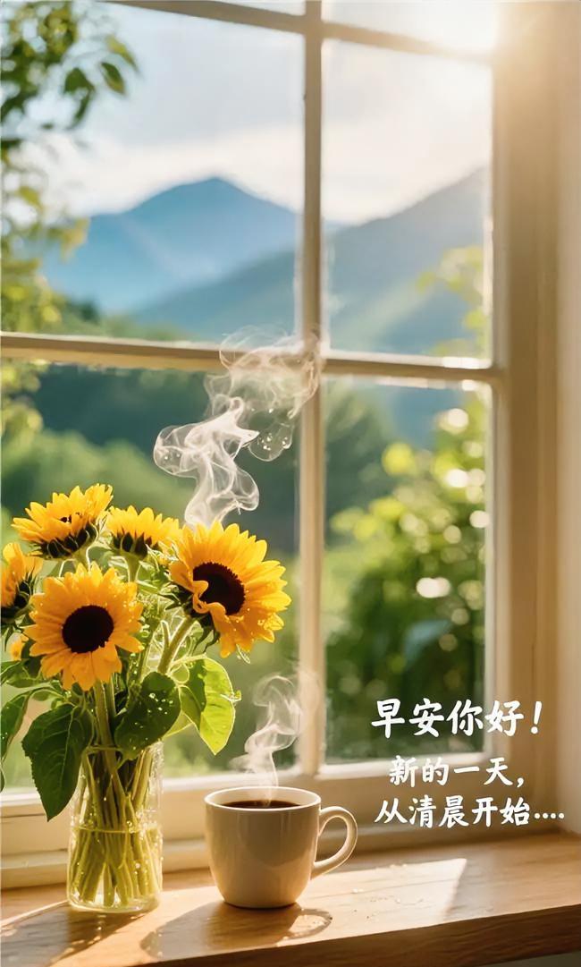 早安！窗边向日葵灿烂绽放，咖啡热气袅袅，阳光倾洒在清晨，新的一天元气满满。
今日