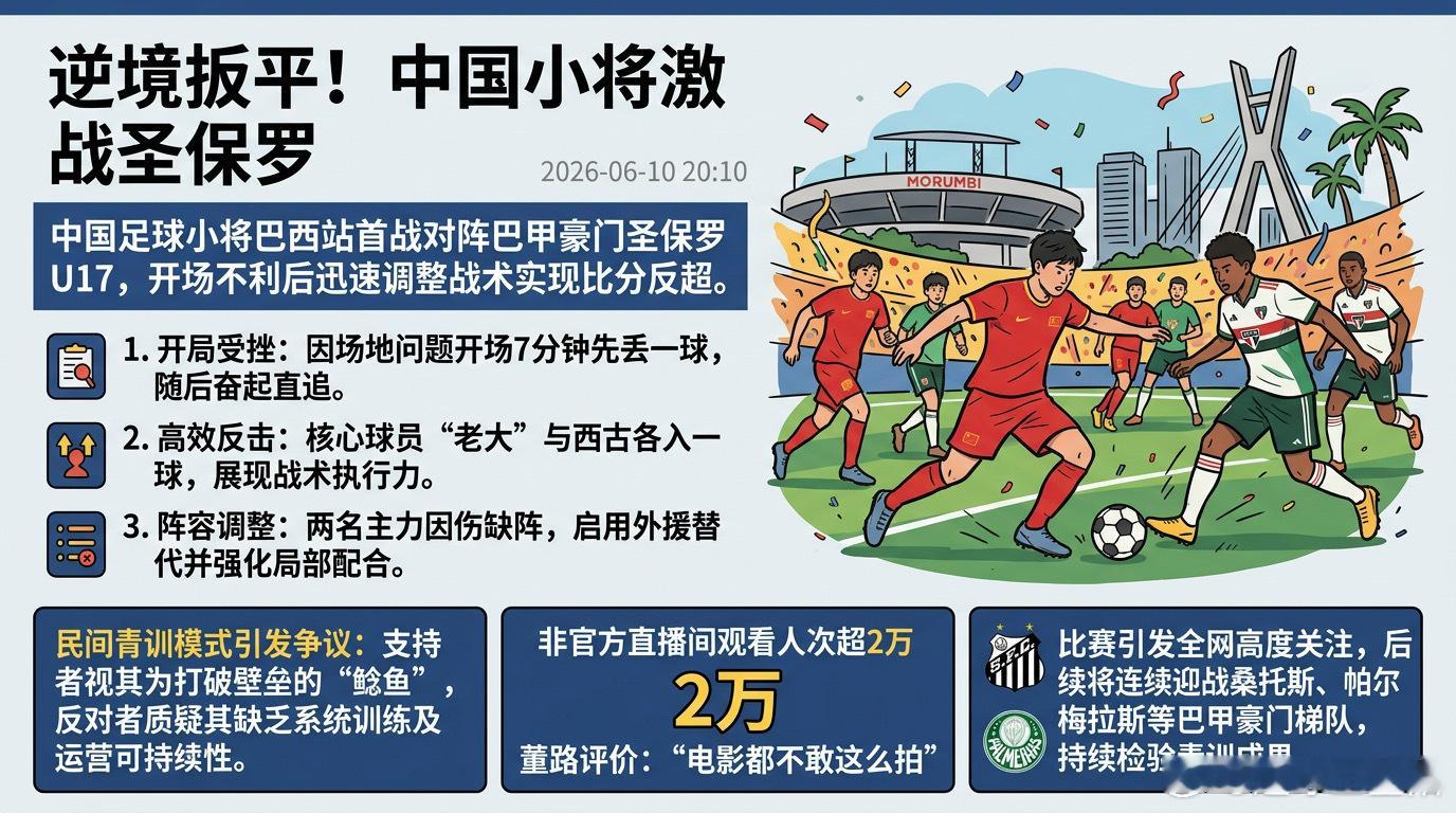 中国足球小将0910混编队在巴西首战中以2比5不敌巴甲豪门圣保罗U17梯队。比赛