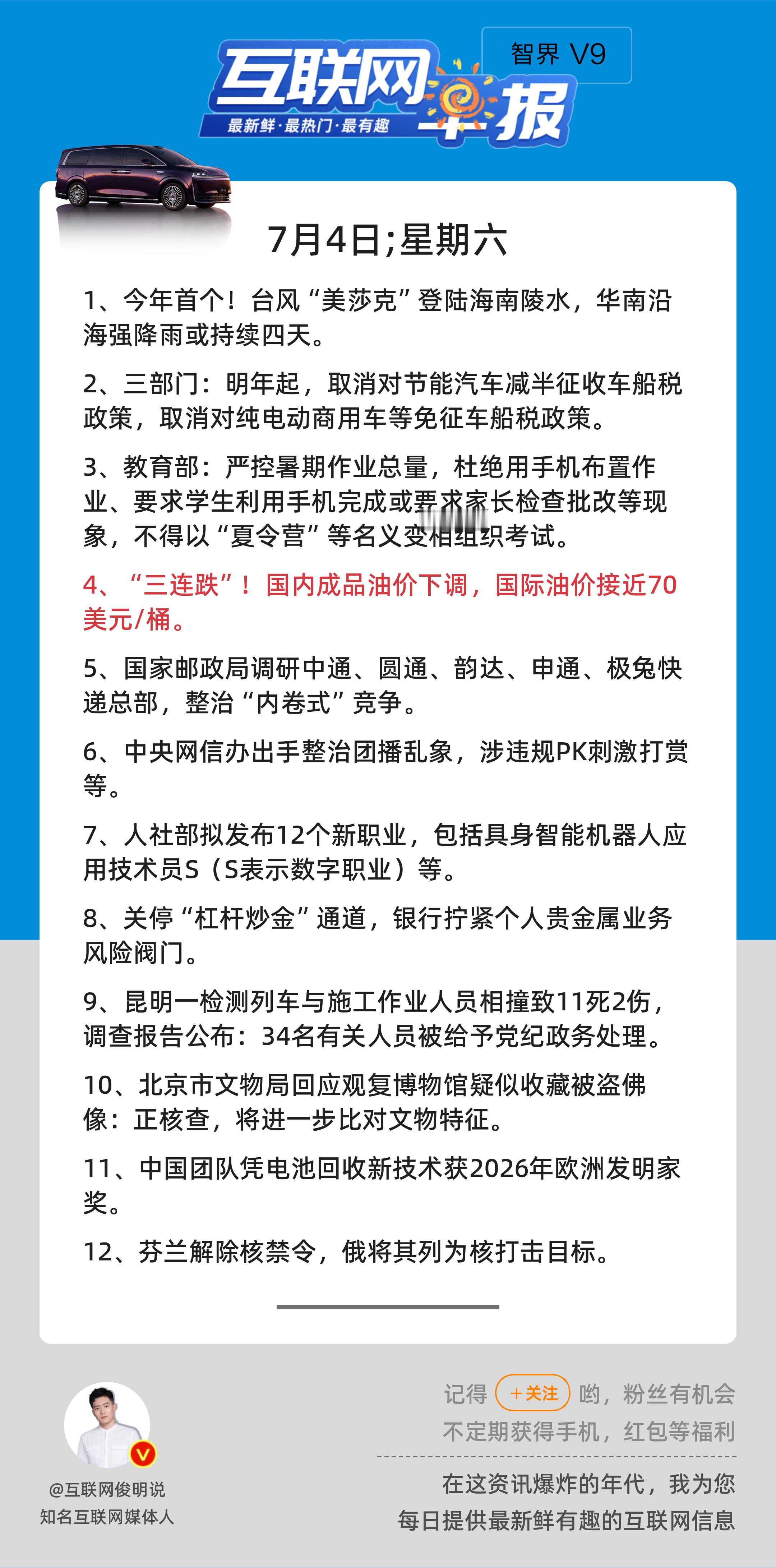 7月4日，星期六，《第3189期》；互联网早报，众览天下事关心第4条：“三连跌”