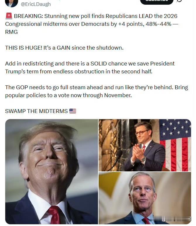 埃里克·多尔蒂：

据RMG民调，共和党在2026年国会中期选举中以48%比44