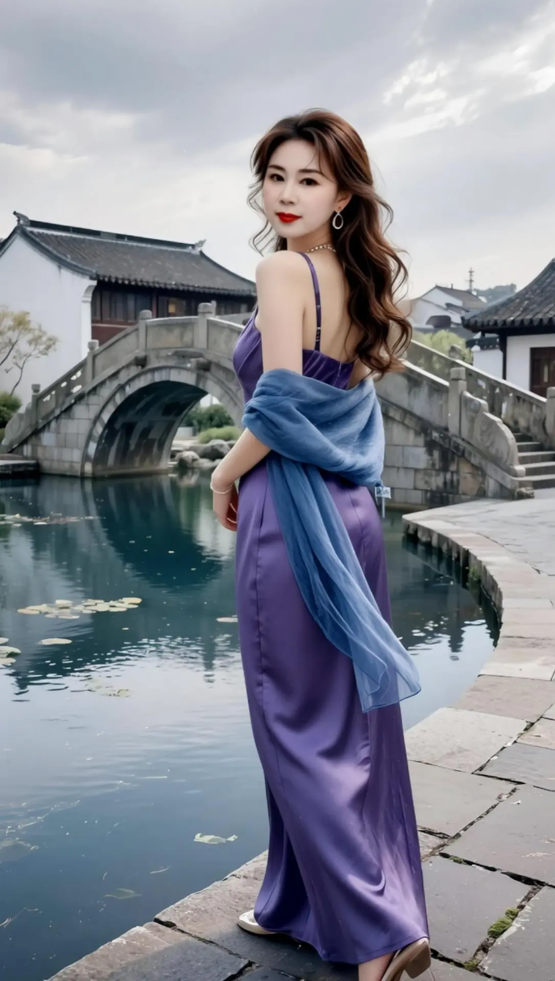 AI紫裙池畔照 随变ai随便玩
