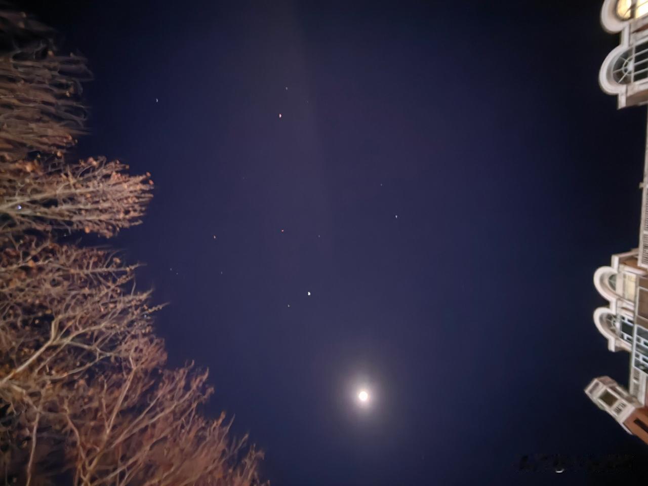 夜色里的月亮挂在枝头旁，
星星稀稀落落地撒在深蓝天幕上，
这一刻的宁静，藏着温柔