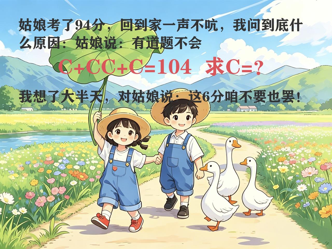 姑娘考了94分，回到家一声不吭，我问到底什么原因：姑娘说：有道题不会
C+CC+