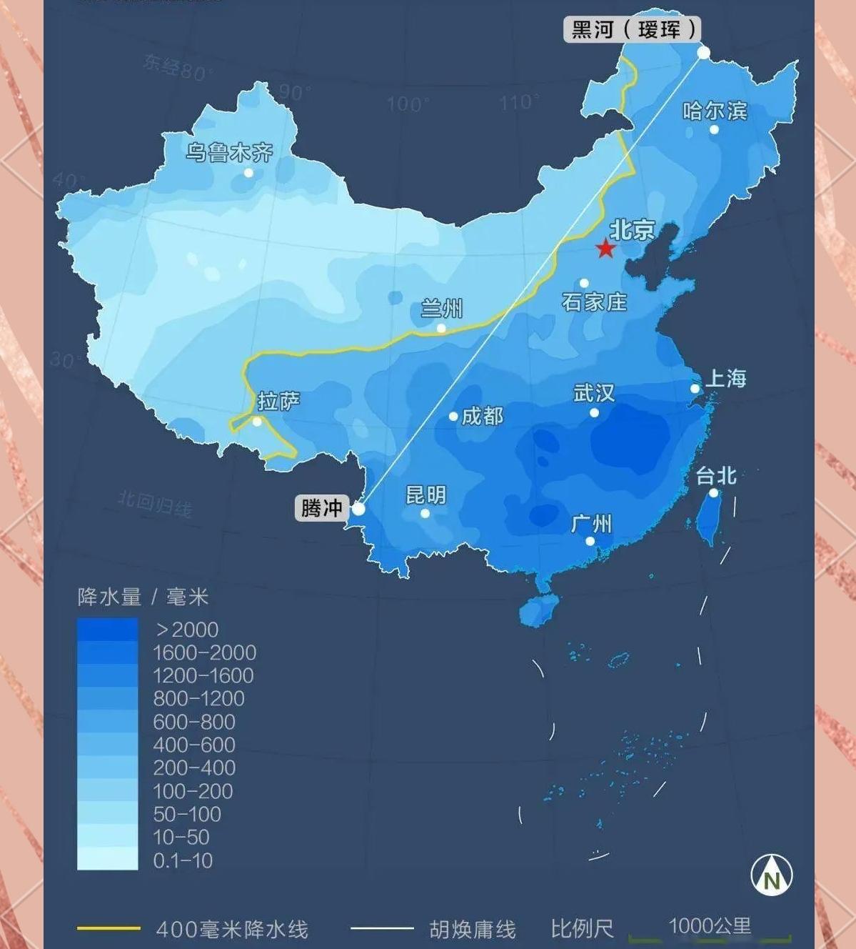 与线“胡焕庸线”曾经高度重合的400mm等降水量线，正不断地北扩西移，这意味着气