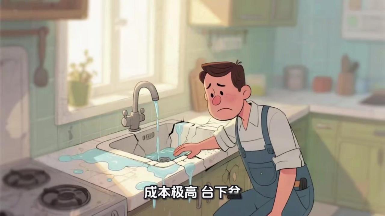 1️⃣维修成本极高：
台下盆靠玻璃胶和支架固定，一旦出现漏水或盆体开裂，必须拆掉