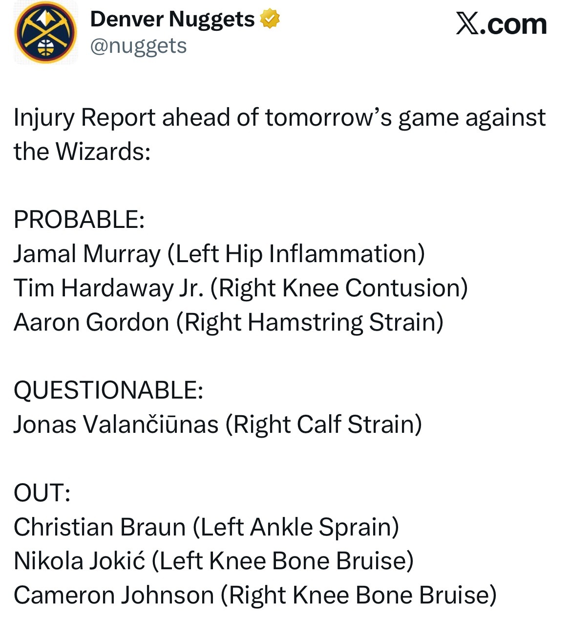 瓦兰丘纳斯明日对阵奇才升级为出战成疑，他因右小腿拉伤已连续缺席11场比赛。瓦兰本