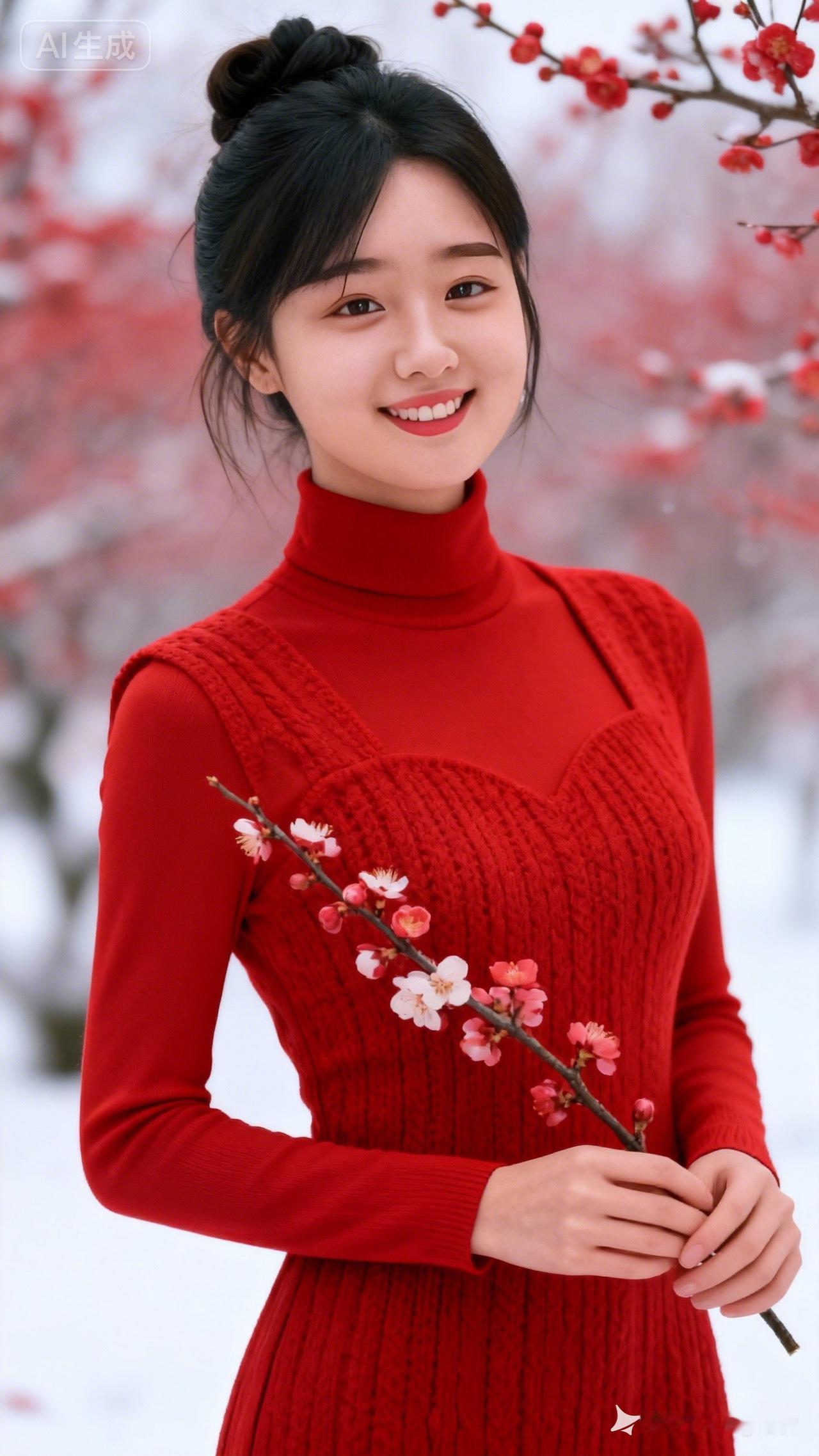 冬日暖阳下的红衣少女，手捧樱花，笑靥如花。