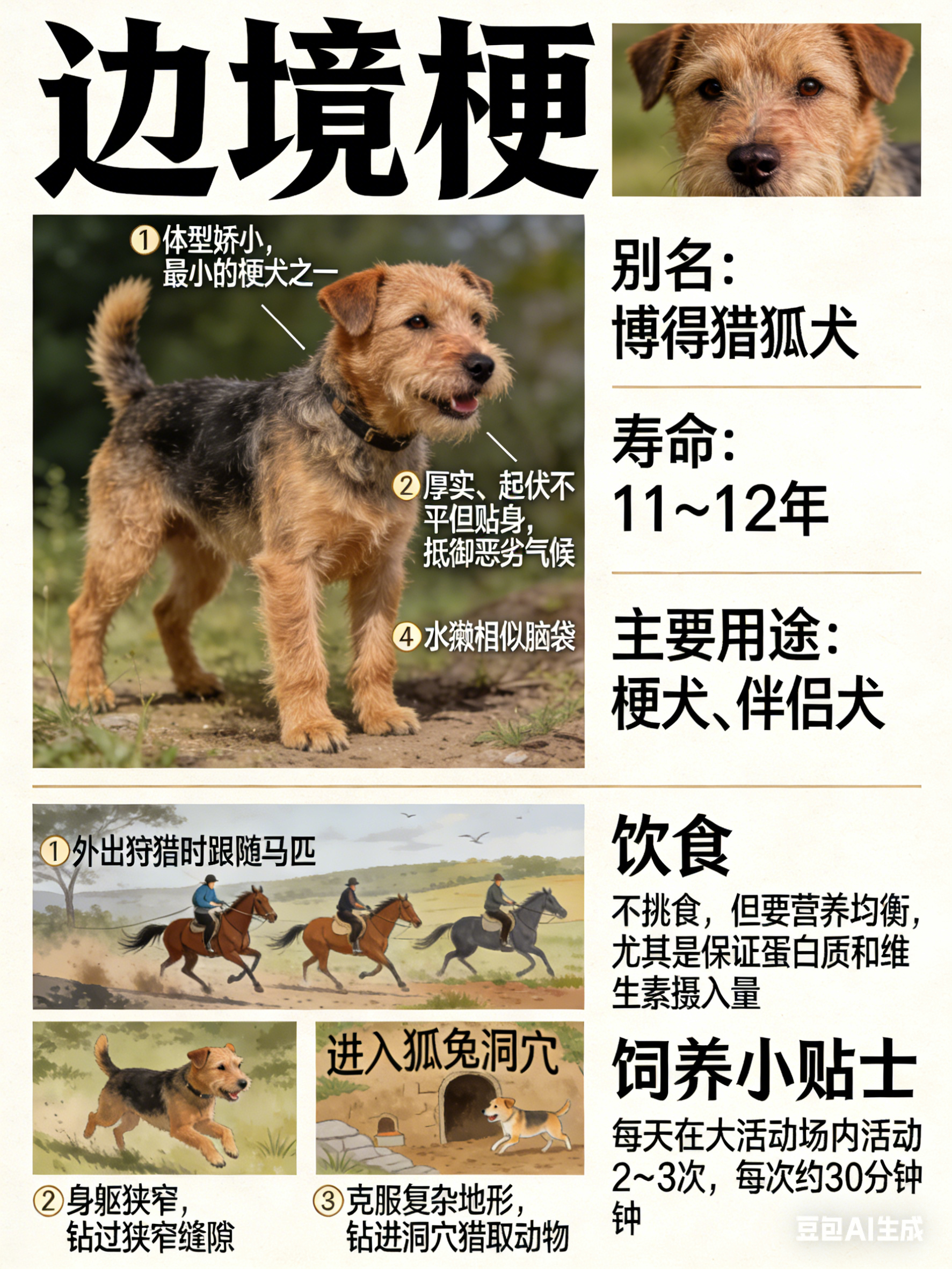 我AI的动物 边境梗别名：博得猎狐犬寿命：11～12年主要用途：梗犬、伴侣犬边境