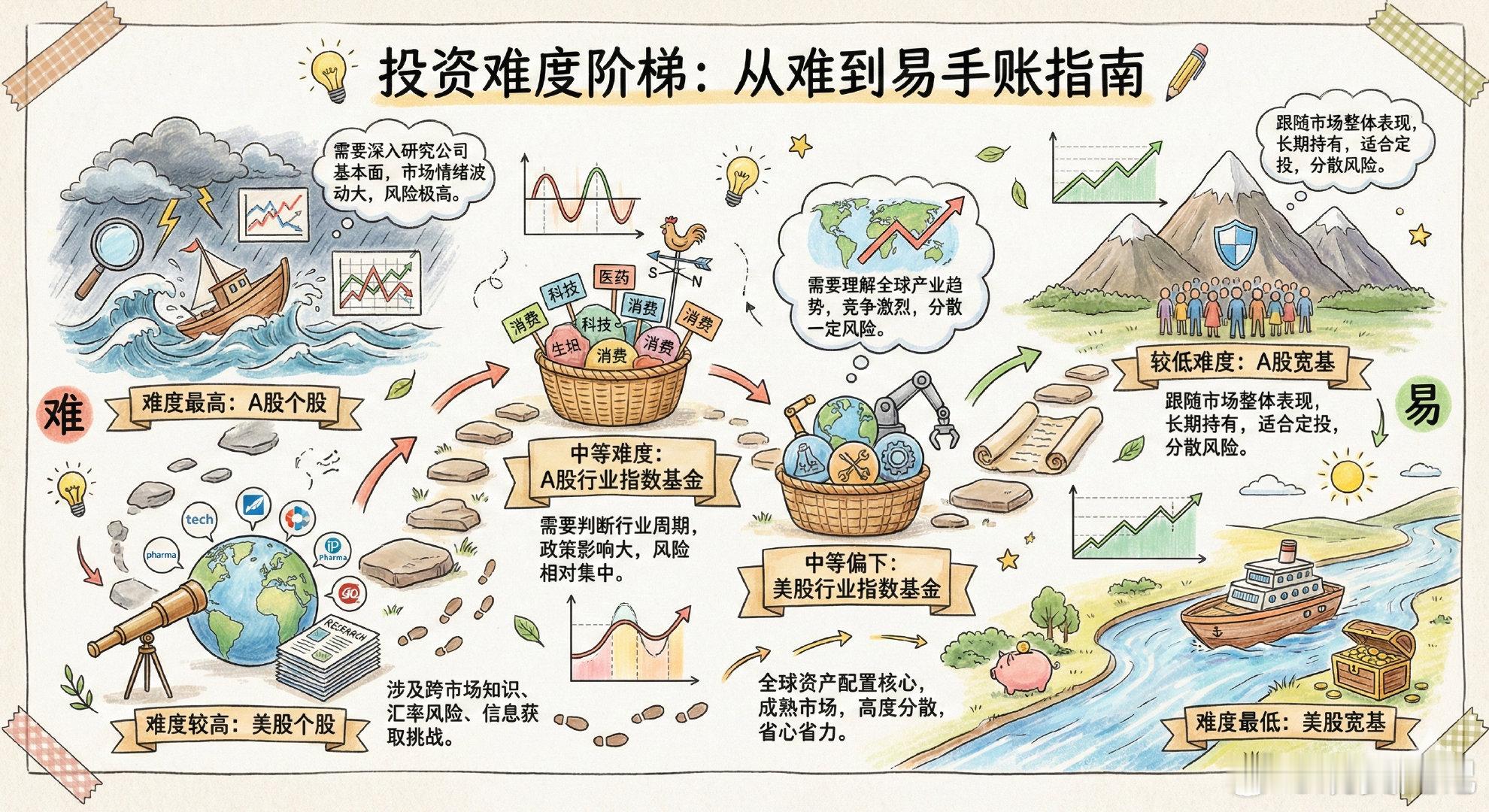 投资从难到易排序，A股个股>美股个股>A股行业指数基金>美股股行业指数基金>A股