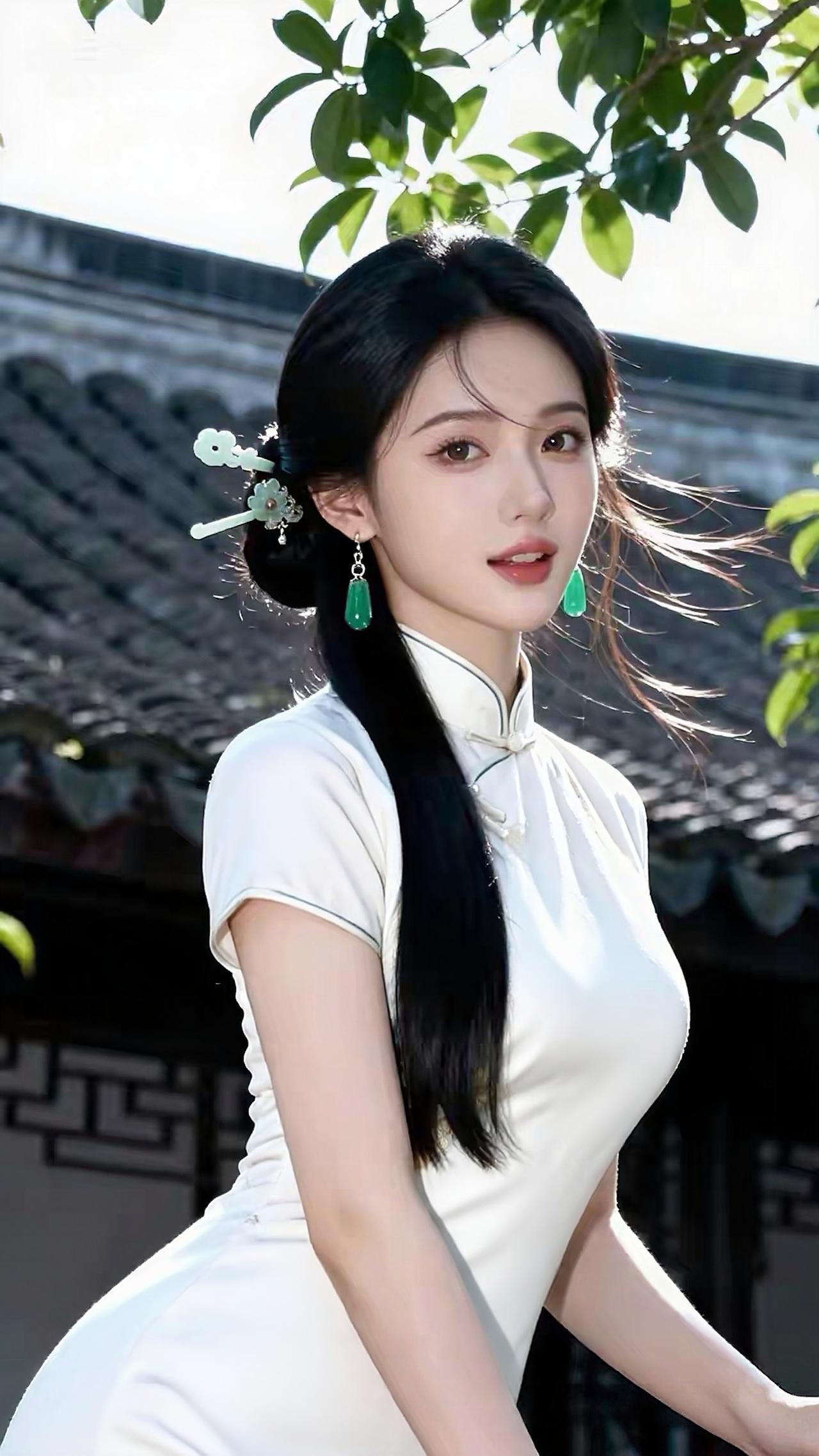 一袭素白旗袍干净雅致，简约立领衬得脖颈修长，修身剪裁恰到好处勾勒出曼妙曲线，尽显