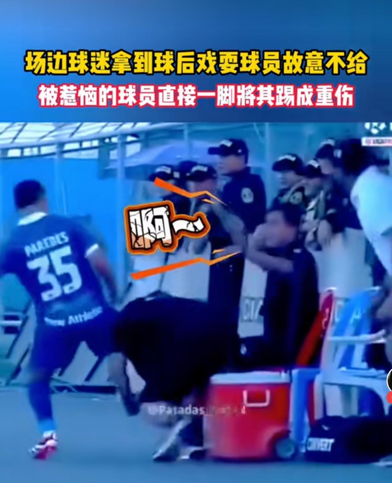 这个球迷有点活该，我认为运动员是想踢球，不小心踢腿上了。