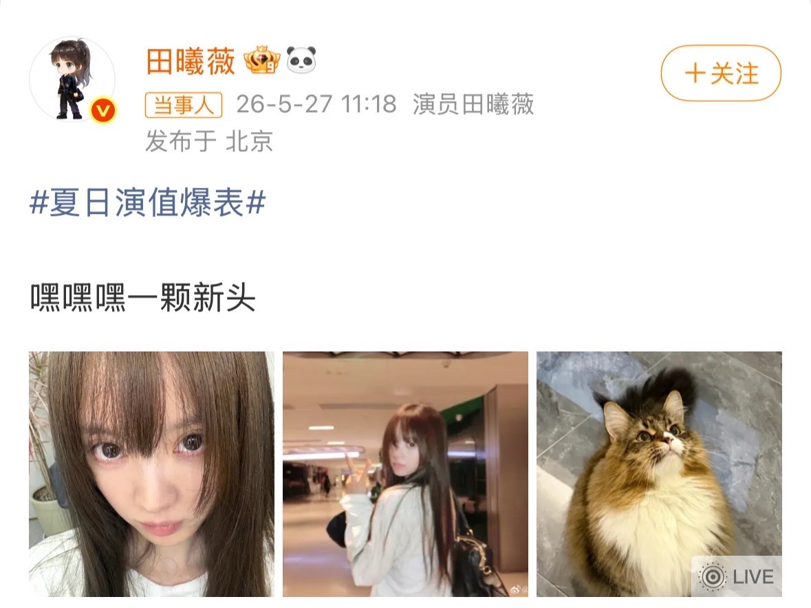 田曦薇染新发色之前总觉得她离了刘海就不行，结果这次露额头染栗子棕，意外的好看诶！