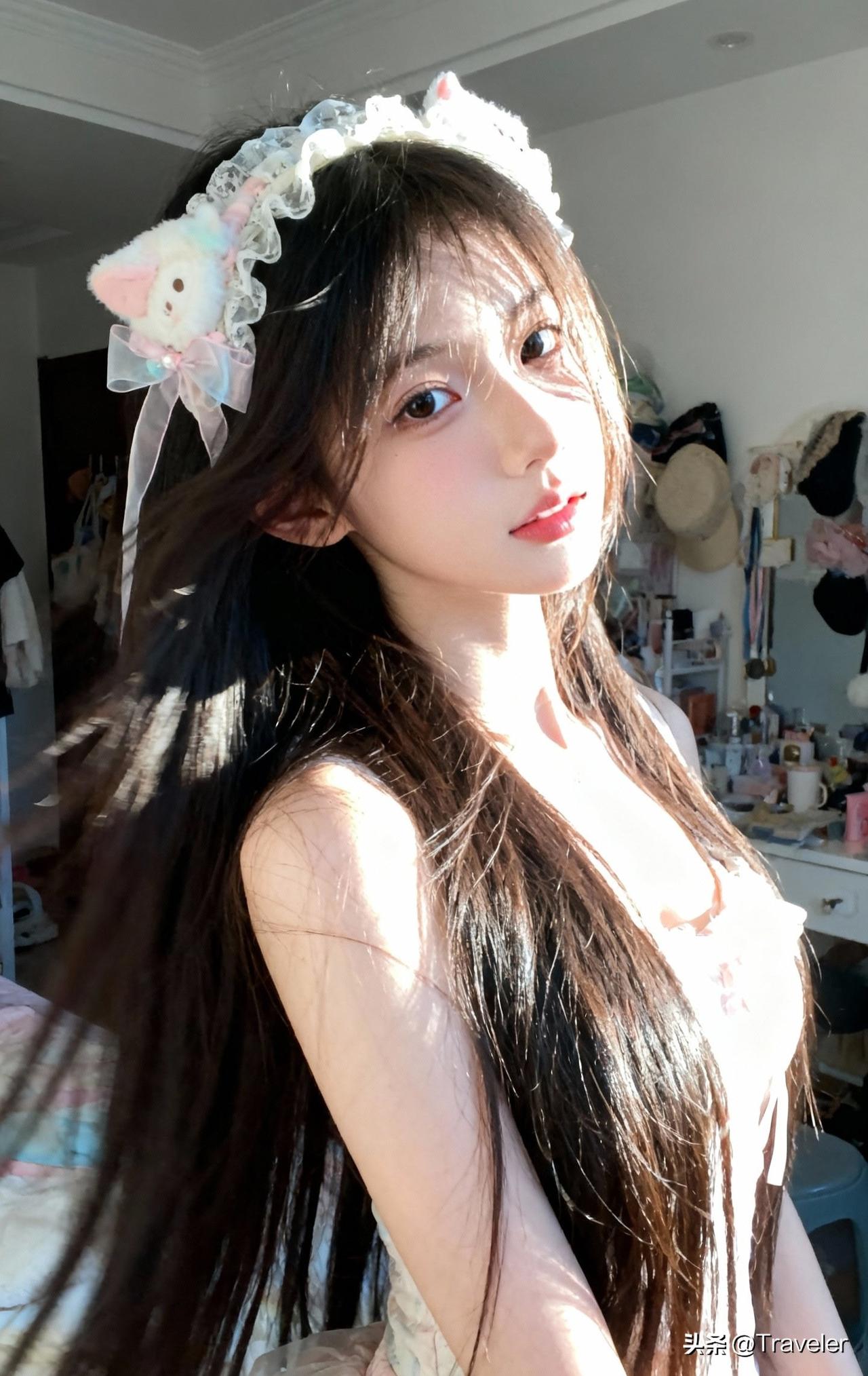 阳光下的甜美少女，头戴可爱发饰，散发着青春气息！🌞💖👩‍❤️‍💋‍👩